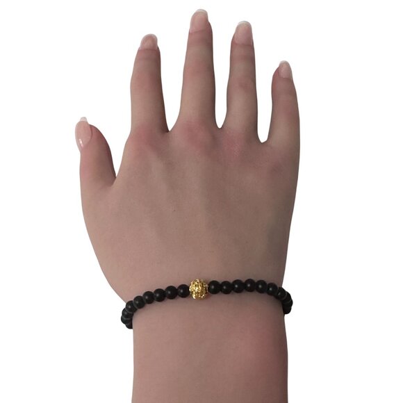 18K Gold Money Coin Ball Lucky Bracelet Mini Gemstones Black Matte Onyx 4mm - Picture 6 of 6